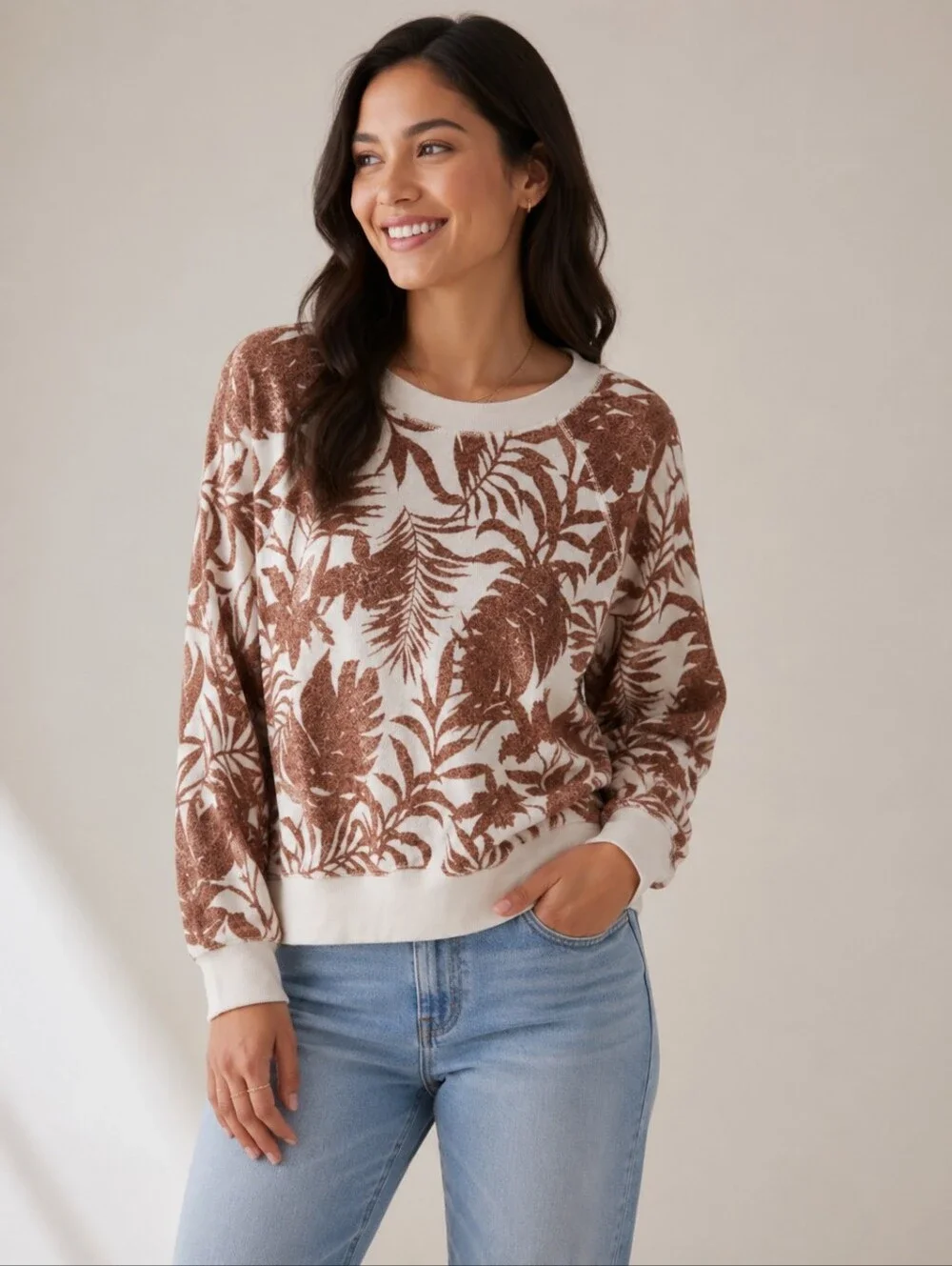 ❤️ EVEREVE TROPICAL PALM RAGLAN FRENCH TERRY SWEATSHIRT, SMALL - Picture 1 of 8
